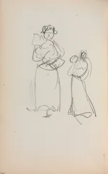 Caderno de desenho italiano: Duas mulheres em pé segurando bebês, página 140, 1898-1899.