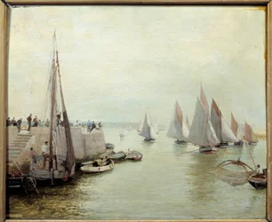O retorno da pesca em 1880. Pintura de Courant Maurice (1847-1925)
