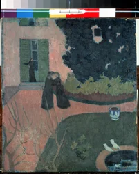 A visita. Pintura de Maurice Denis (1870-1943), por volta de 1892-1893. Tamanho: 37,5x33cm. Óleo sobre tela. Arte Nabis. Museu Hermitage, São Petersburgo