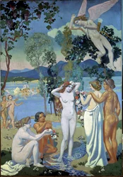 A história de Psyche (Painel 1: Eros impressionado com a beleza de Psyche). Pintura por Maurice Denis (1870-1943)