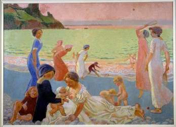 Setembro à noite Mulheres jovens e crianças na praia no final do dia, mães amamentam, outras jogam sapatos de neve,1911 (óleo sobre tela)