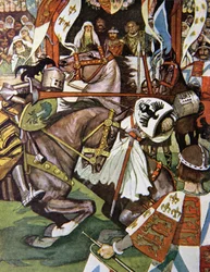 "Justo e verdadeiro ele bateu o normando na viseira", ilustração de "Ivanhoe para meninos e meninas", recontada por Alice Jackson, bar. 1924