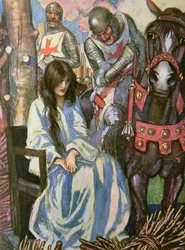 Monte Thee Behind Me em meu Steed - o cavalo galhardo que nunca falhou seu cavaleiro, ilustração de "Ivanhoe para meninos e meninas", recontada por Alice Jackson, bar. 1924