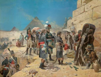 Napoleão Bonaparte diante das pirâmides contemplando a múmia de um rei na paisagem rural do Egipto