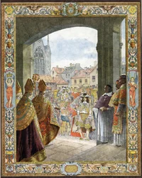 Chegou a Sainte-Chapelle (Sainte Chapelle) para a proclamação de sua maioria do Rei da França Luís XIV conhecido como Le Roi-Soleil (Rei Soleil ou Luís o Grande)