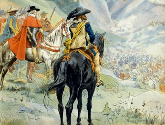 História de França: Guerra da Sucessão de Mântua (1628-1631) durante a Guerra dos Trinta Anos. A batalha do Pas de Suze (Susa), representando o rei Luís XIII (1601-1643) e o cardeal Richelieu (Armand Jean du Plessis)