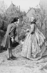 Encontro do jovem Jean-Jacques Rousseau e futura amiga íntima Madame de Warens, 21 de Março de 1728 (gravura)