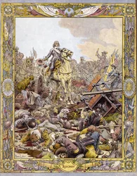 Príncipe Luís II de Bourbon Conde (Bourbon-Conde), conhecido como o Grande Conde (1621-1686), Duque de Enghien saudando o cadáver do Conde de Fontaine na Batalha de Rocroi (Rocroy) contra os espanhóis, 19 de maio