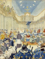 Richelieu proferiu o discurso, em nome do escrivão, na reunião de encerramento dos Estados Gerais de 1614 - em "Richelieu" de Maurice Leloir.