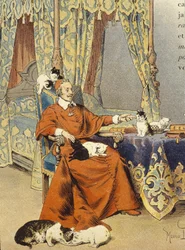 O Cardeal brinca com seus gatos que ele particularmente amava - em "Richelieu" de Maurice Leloir, deb. Século XX