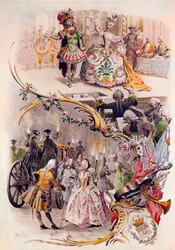 Menu de casamento com ilustração de Maurice Leloir (1851-1940) de bailes em trajes e cenas de galantes, 6/04/1900