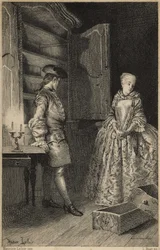A descoberta do roubo - em «Histoire de Manon Lescaut et du chevalier Des Grieux», de Abbé Prévost (1697-1763), escritor francês. Gravura segundo desenhos de Maurice Leloir (1885).