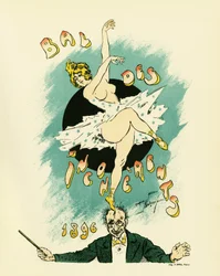 Cartaz para o baile dos incoerentes, baile organizado entre 1885 e 1896 em Paris como parte do movimento artístico lançado por Jules Levy em 1882, as artes incoerentes, Ilustração em litografia de Maurice Neumont (1868-1930), mostrando uma dançarina nua em