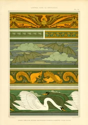 Bordaduras de animais com águias, morcegos, esquilos e cisnes (litografia)