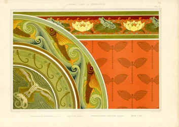 Ornamentação aquática com libélulas, rãs e borboletas (litografia)