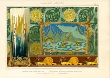 Decoração Art Nouveau com aves aquáticas, peixes e caracóis (litografia)