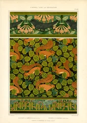 Ornamentação Art Nouveau com pássaros, esquilos e elementos florais (litografia)