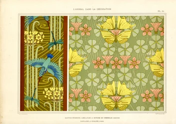 Borboletas e pássaros como ornamentação Art Nouveau (litografia)