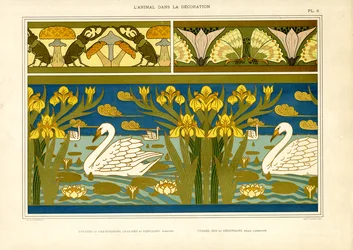 Bordaduras decorativas com cisnes, insectos e íris (litografia)