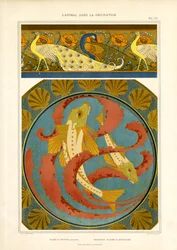 Friso decorativo de peixes e pavões em estilo cloisonné