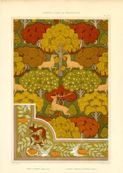 Padrão decorativo de floresta com veados e árvores (litografia)