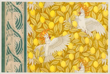 Desenho para papel de parede com catatuas e limões e friso de papel de parede com peixes voadores, publicado em 1897