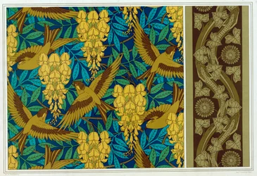 Desenhos para pássaros e glicínias Pendurado e fronteira de papel de parede com lagartos e hera, pub. 1897.