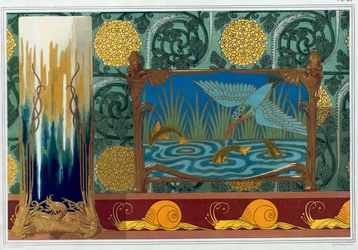 Desenhos para suporte de vaso de bronze, papel de parede e borda, e esmalte e jardineira de bronze "camarão", "caracóis", lagartos e espinheiro", "martim-pescador e peixe", de 