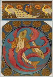 Desenhos para uma orla de pavões e papoilas, e um prato esmaltado decorado com ruivos, algas marinhas e uma moldura de concha de vieira, de 