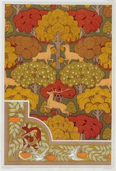 Desenhos para papel de parede e borda de papel de parede "Deer in the Trees" e "Squirrel with Birds and Mountain Ash" de 