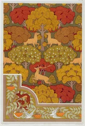 Projetos para papel de parede e fronteira de papel de parede Deer in the Trees, pub. 1897.