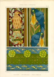 Orlas ornamentais com águia, papagaios e friso paisagístico (litografia)