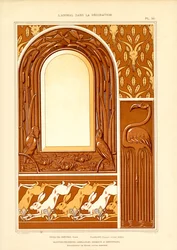 Desenho de moldura ornamental com aves aquáticas e lebres (litografia)