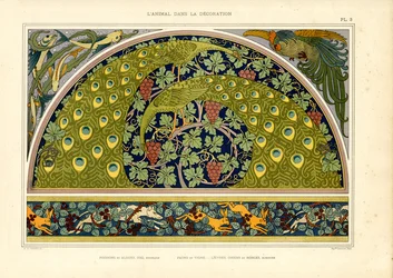 Motivos de pavão e lebre como composição decorativa Arte Nova