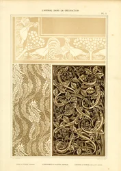 Ornamentação animal em três partes com galo, cavalos-marinhos e lagartos (litografia)