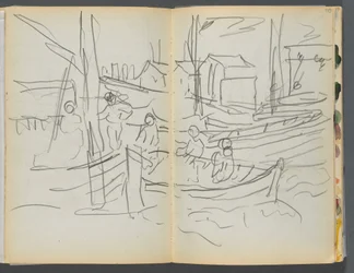 Livro de esboços - The Granite Shore Hotel, Rockport, páginas 114 e 115: Figuras num barco à vela