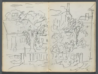 Sketchbook, The Dells, N° 127, página 084  85: Paisagem com casas e pináculo