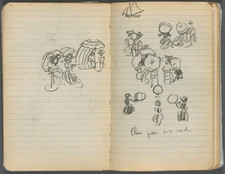 Sketchbook, página 110 111: Estudo para figuras numa praia