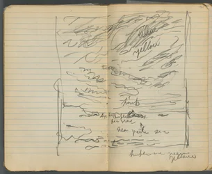 Caderno de esboços, páginas 152 e 153: Vista do mar com anotações a cores