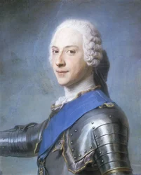 Retrato do príncipe Charles Edward Stuart, comprimento do busto, em perfil à esquerda, cabeça virada para frente, braço direito levantado,