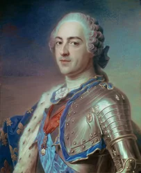 Retrato de Luís XV (1710 - 1774) em armadura, com as cordas da Ordem do Espírito Santo e o Velo de Ouro. Pastel de Maurice Quentin Delatour conhecido como Quentin De La Tour ou Quentin De Latour (1704-1788)
