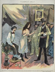 Ilustração de Maurice Radiguet (1866-1941) para a revista francesa "Le Rire" número 46 de 1895 - "Flagrant Delit" - Ben monsieur comissário, é uma lei engraçada que proíbe por 35 graus de calor de ficar à vontade"