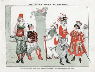 Ilustração de Maurice Radiguet (1866-1941) na Mode na Alemanha, ca. 1915 - New German modes - War of 14 -18, Germany Prussia, Turkey, Fashion, Triplice - Women