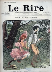 Summer Plaisirs - Dois amantes são surpreendidos numa floresta por um transeunte - Lustração de Maurice Radiguet (1866-1941) para a revista francesa "Le Rire" número 38 de 1895