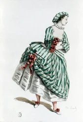 Fantasia e máscara de Colombine (corallina) em 1855, personagem feminina na commedia dell
