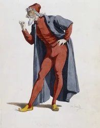 Figurino e personagem de teatro: Pantalone (Calças, médico) Pneu de "Masques et bouffons" (comédia italiana), textos e desenhos de Maurice Sand, gravuras de A. Manceau, prefácio de Georges Sand, Paris, Michel Lévy Frères