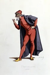 Figurino e personagem de teatro: Pantalone (en fr. Pantalone, doutor) desenha de "Masques et bouffons" (comédia italiana: Commedia dell