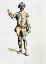 Arlequim (Arlecchino) de «Masques et bouffons» (comédia italiana), texto e desenhos de Maurice Sand, gravuras de A. Manceau, prefácio de Georges Sand