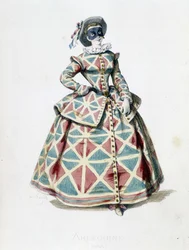 Fato e máscara de Arlequim em 1855, personagem feminina de Arlequim na commedia dell