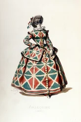 Fato e máscara de Arlequim em 1855, personagem feminina de Arlequim na commedia dell